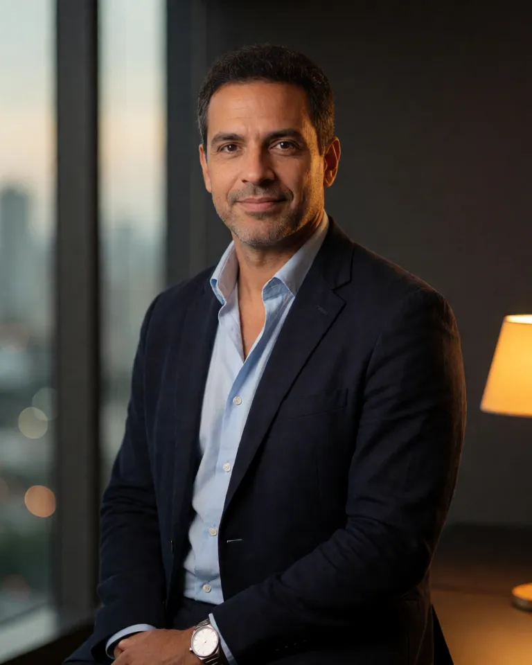 Retrato de Marcelo Viana, de blazer azul-marinho, num escritório em São Paulo ao anoitecer